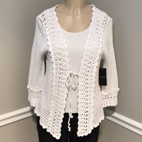 white crochet cardigan sweater